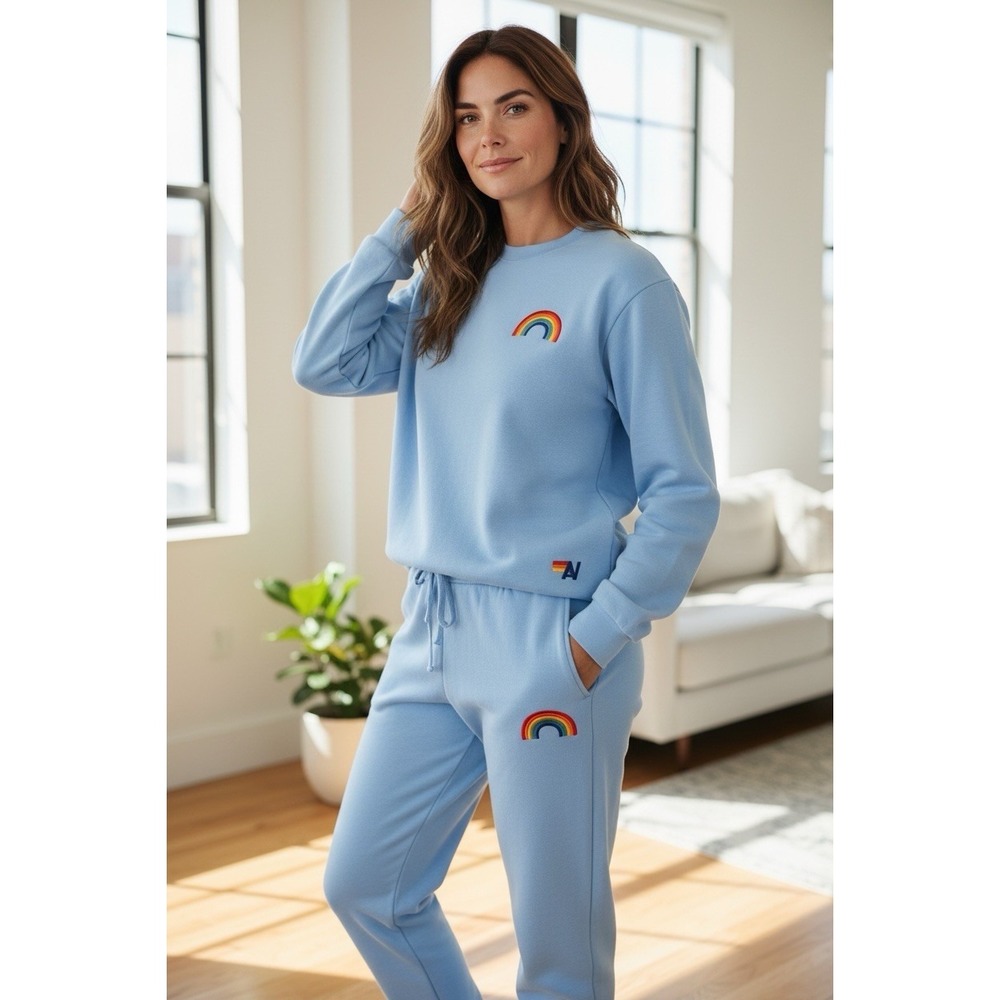 Aviator Nation Set Blue Sz M Sky Blue Rainbow Embroidered Sweatshirt Joggers